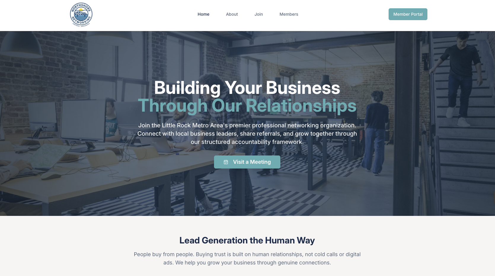 Northshore Networking platform homepage showing member directory and Little Rock business networking features