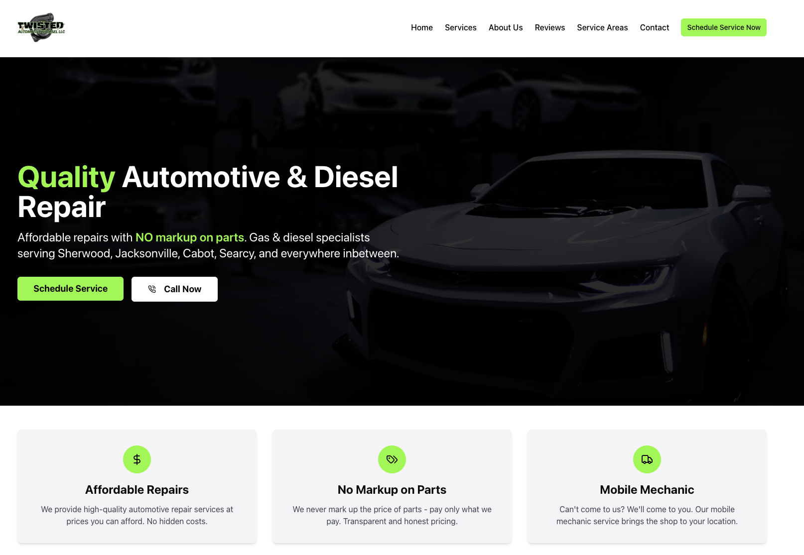 Twisted Auto Diesel website - Central Arkansas auto repair shop with SEO optimization