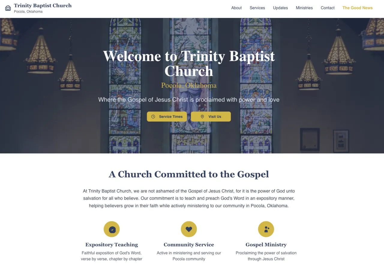 Pocola Trinity church website with modern event registration and community features