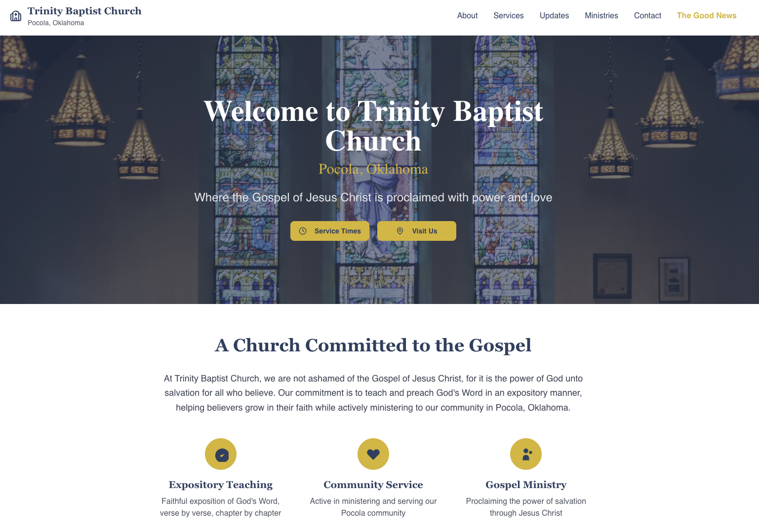 Pocola Trinity church website with modern event registration and community features