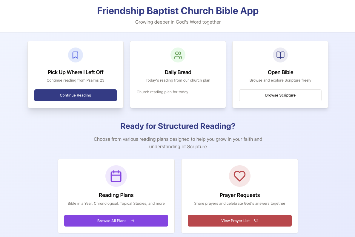 In The Word Bible reading platform for Friendship Baptist Church with AI-powered search