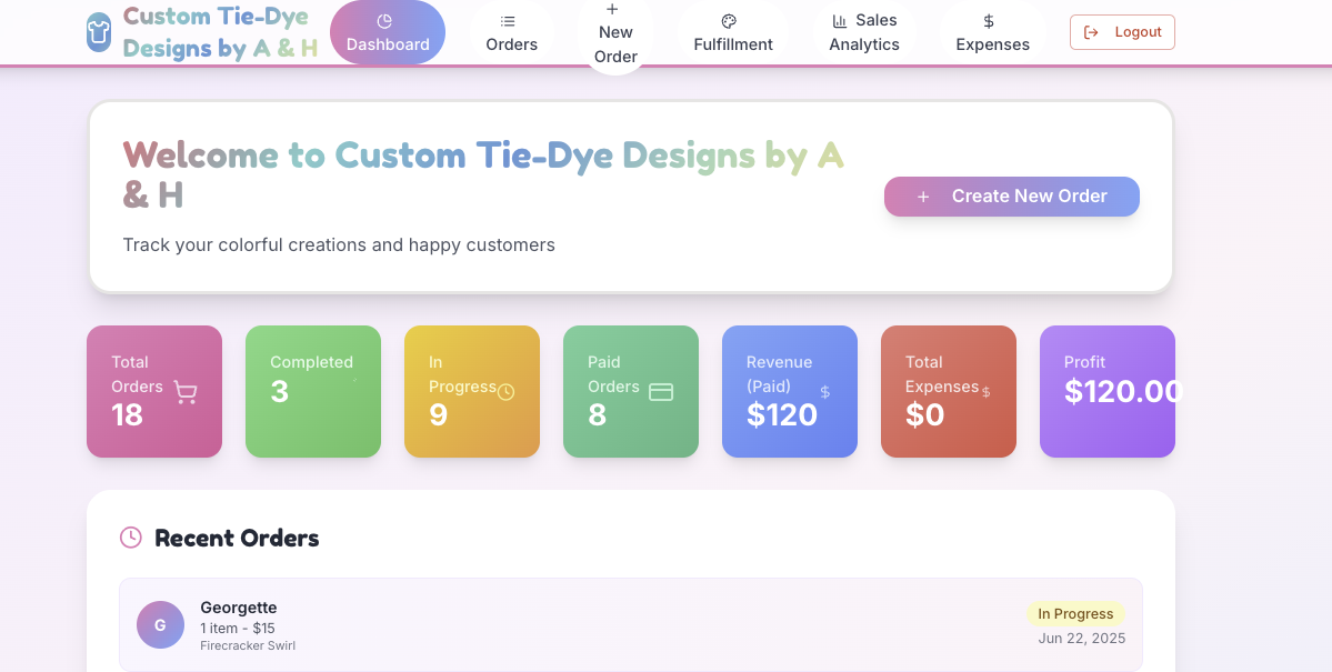 Custom Tie-Dye Designs order management system showing order tracking dashboard
