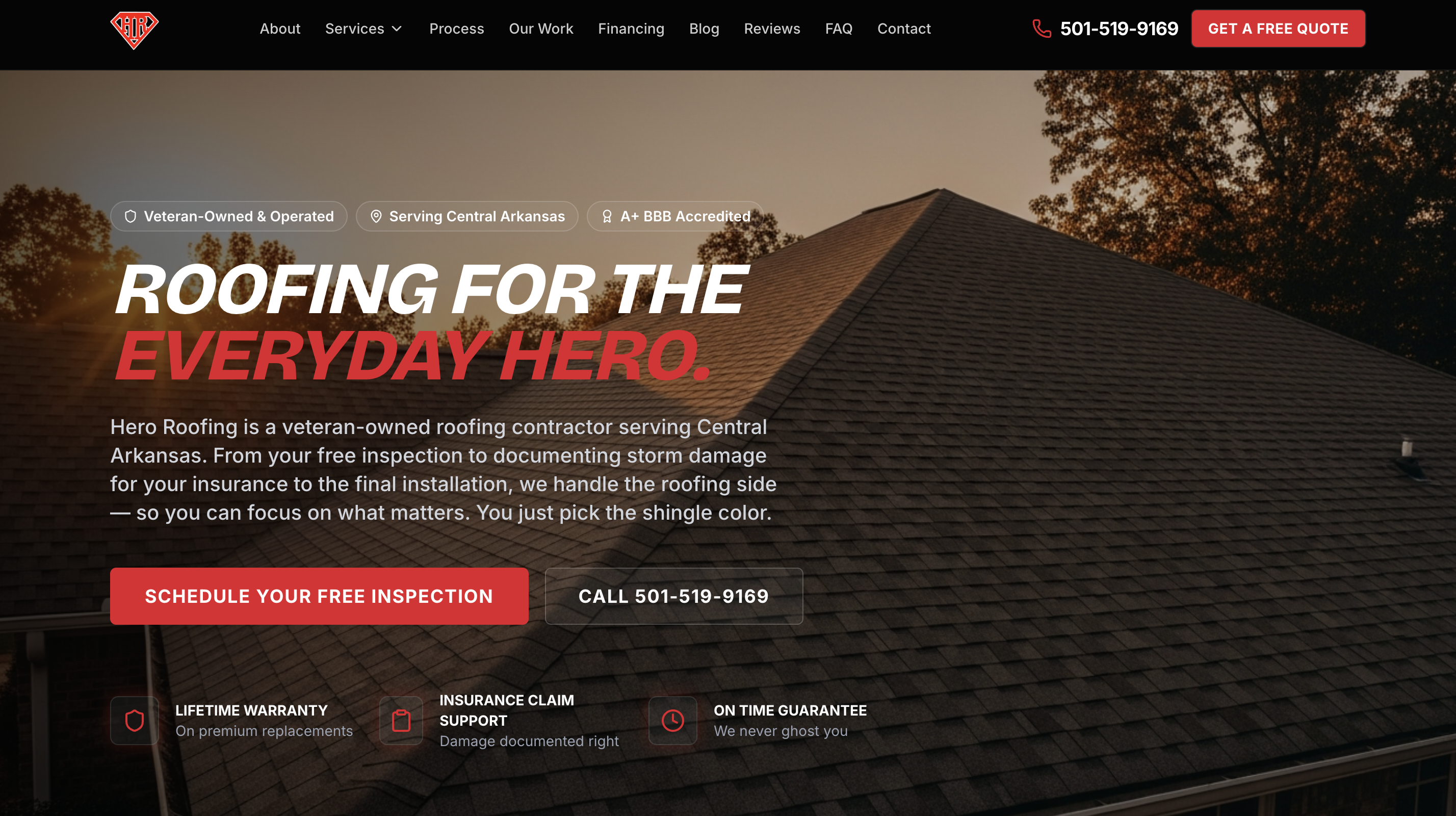 Hero Roofing Arkansas website homepage — veteran-owned roofing contractor in Little Rock and Central Arkansas with 'Roofing for the Everyday Hero' branding