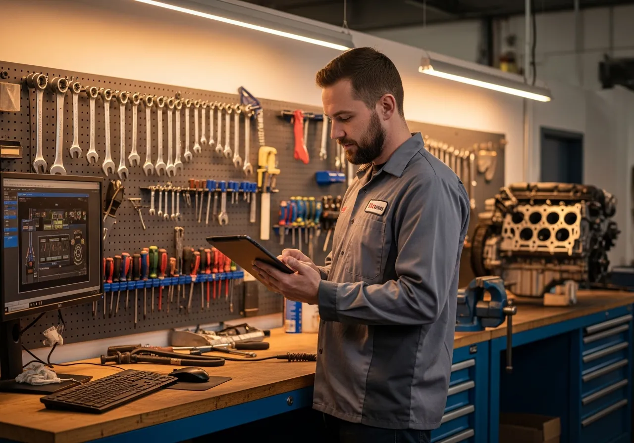 A small business employee using a custom app on a tablet in an auto repair shop