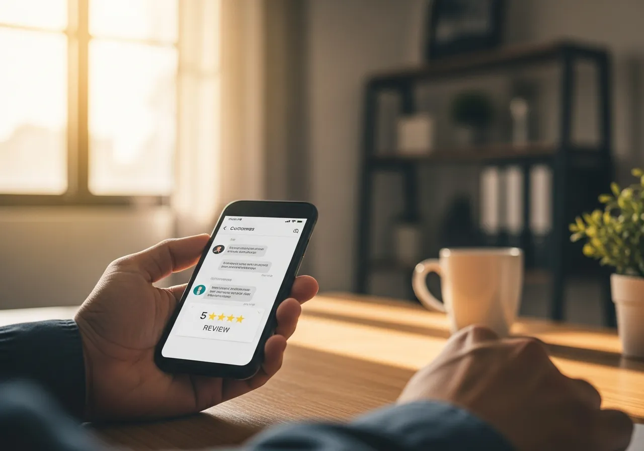 A business owner holding a phone showing a customer text conversation and a five-star review