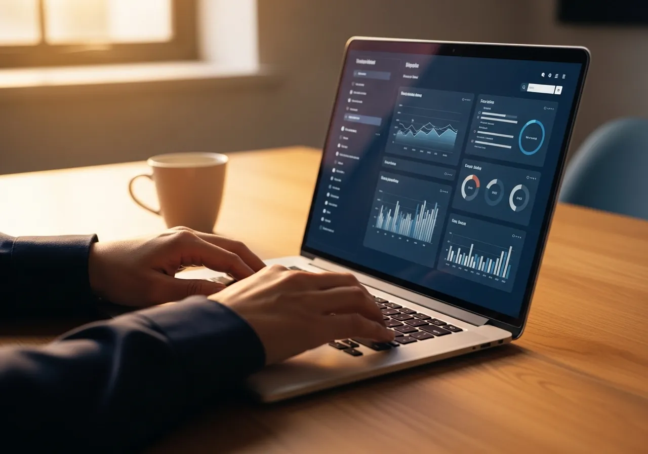 Hands at a tidy desk using a laptop that shows a clean, organized dashboard