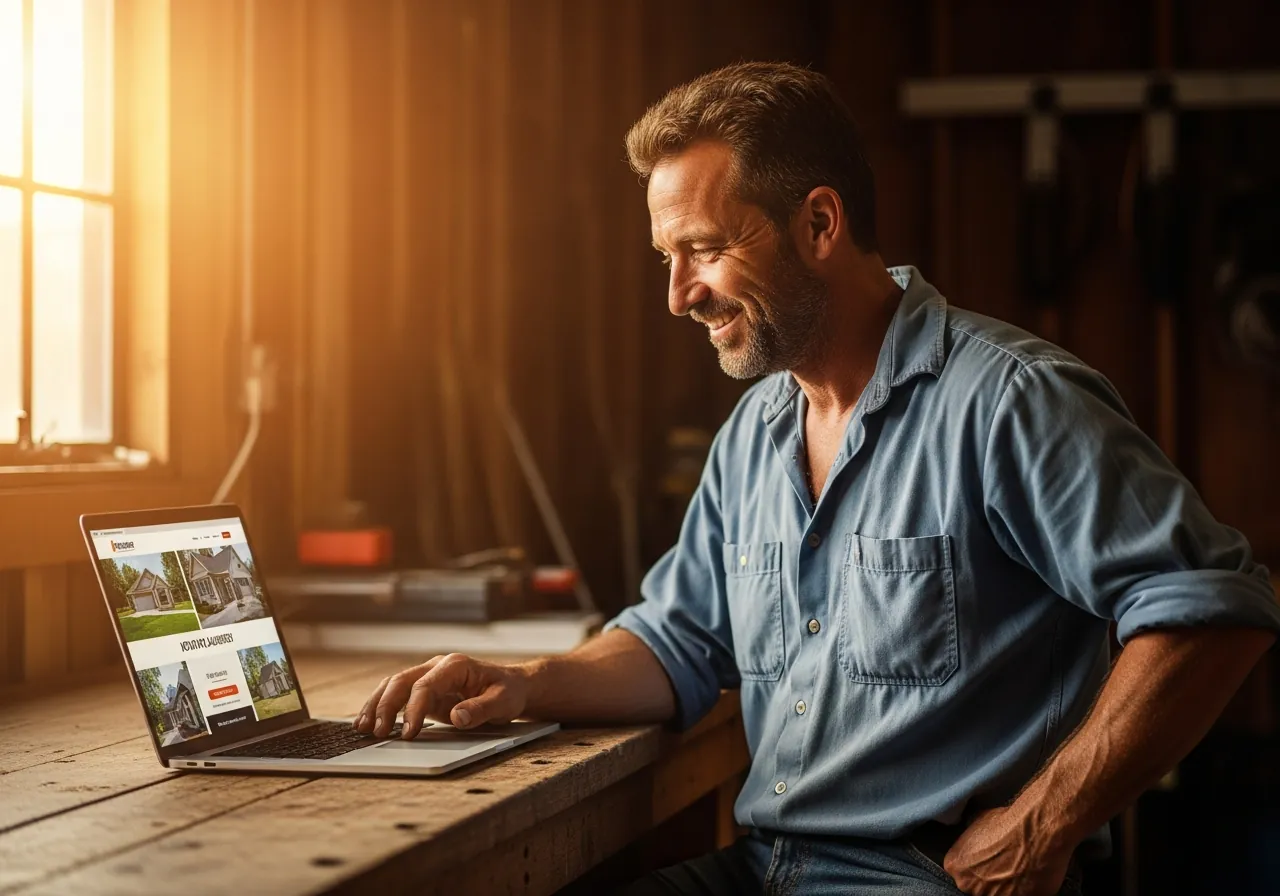 A small business owner looking at his new website on a laptop in his workshop