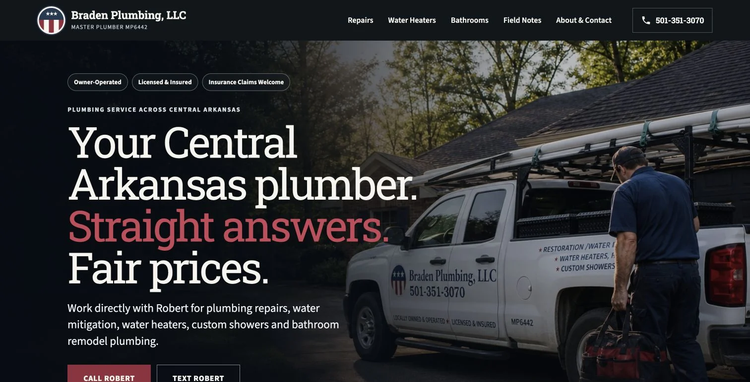 Braden Plumbing website homepage hero featuring Robert, the service truck, and Central Arkansas plumbing services