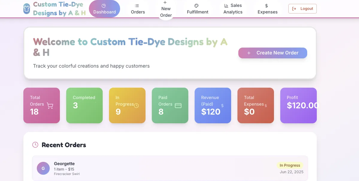 Custom Tie-Dye Designs order management system showing an order tracking dashboard