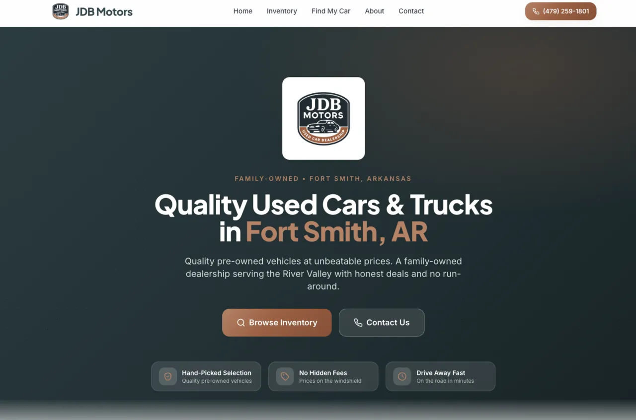 JDB Motors website homepage — family-owned used car dealership in Fort Smith, Arkansas showing quality used cars and trucks