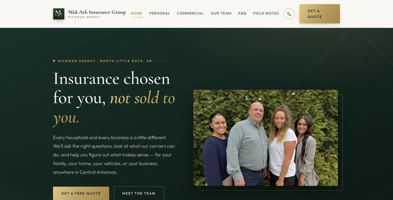 Mid-Ark Insurance Group — Mark Hickman Agency website homepage hero featuring the Central Arkansas insurance team