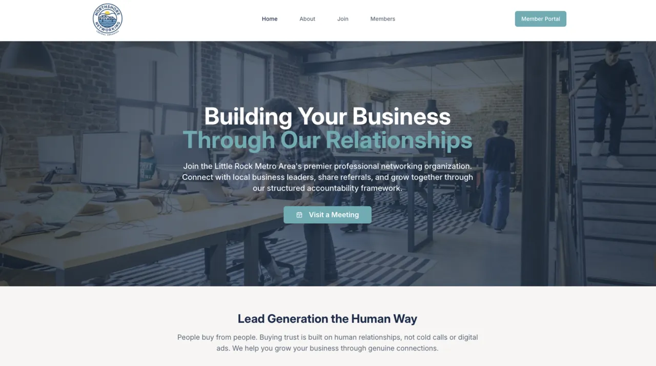 Northshore Networking platform homepage showing member directory and Little Rock business networking features